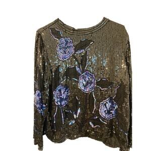 Royal Feelings sequins vintage 100% silk top Semi formal long sleeve black blue